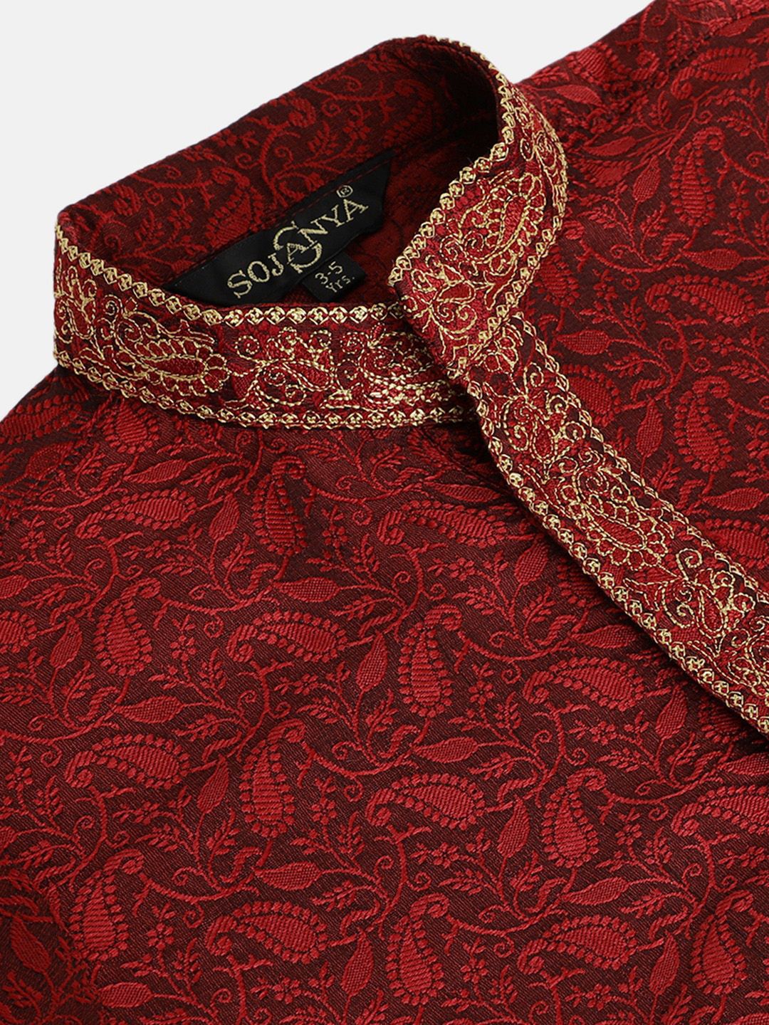 SOJANYA Boys Maroon Paisley Benang Sulam Bekerja Kurta Lurus