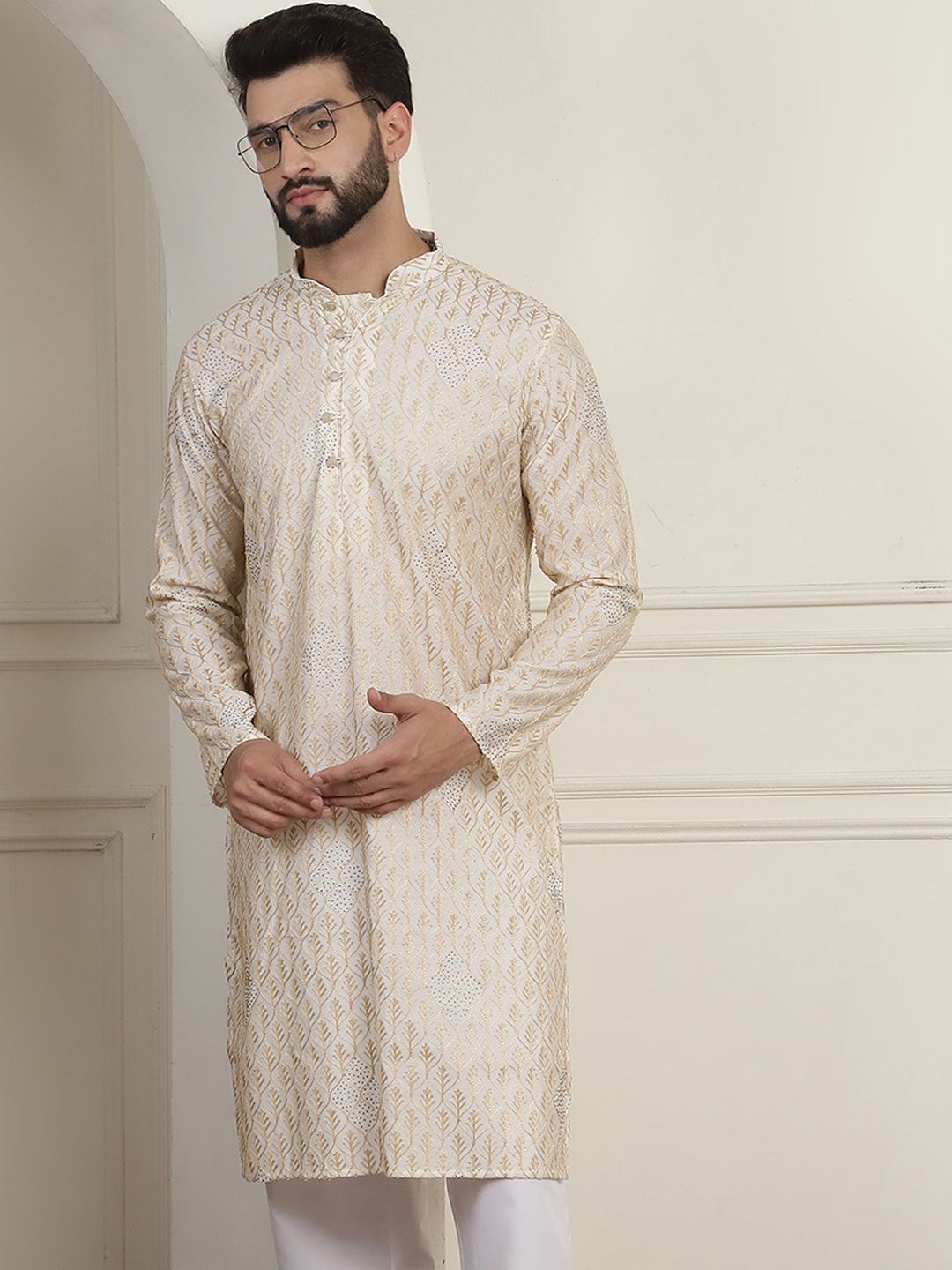 SOJANYA Rekaan Tenunan Kolar Mandarin Kapas Tulen Kurta Lurus