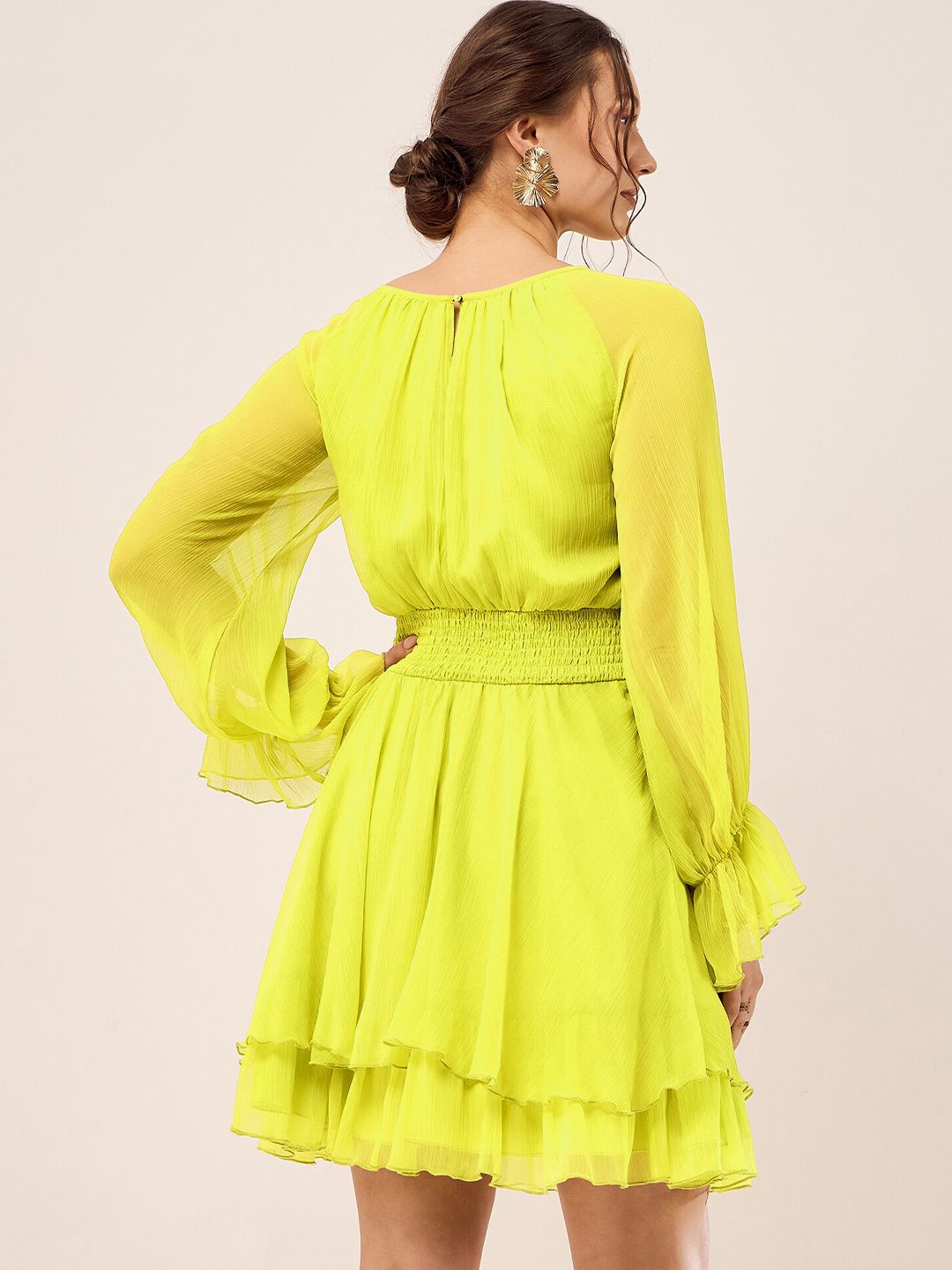 Antheaa Lime Green Cuff Sleeve Chiffon Fit & Flare Dress