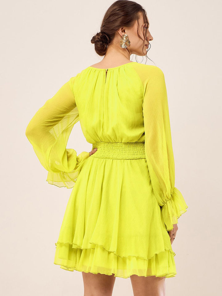 Antheaa Lime Green Cuff Sleeve Chiffon Fit & Flare Dress