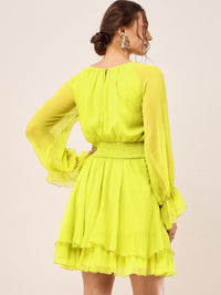 Antheaa Lime Green Cuff Sleeve Chiffon Fit & Flare Dress