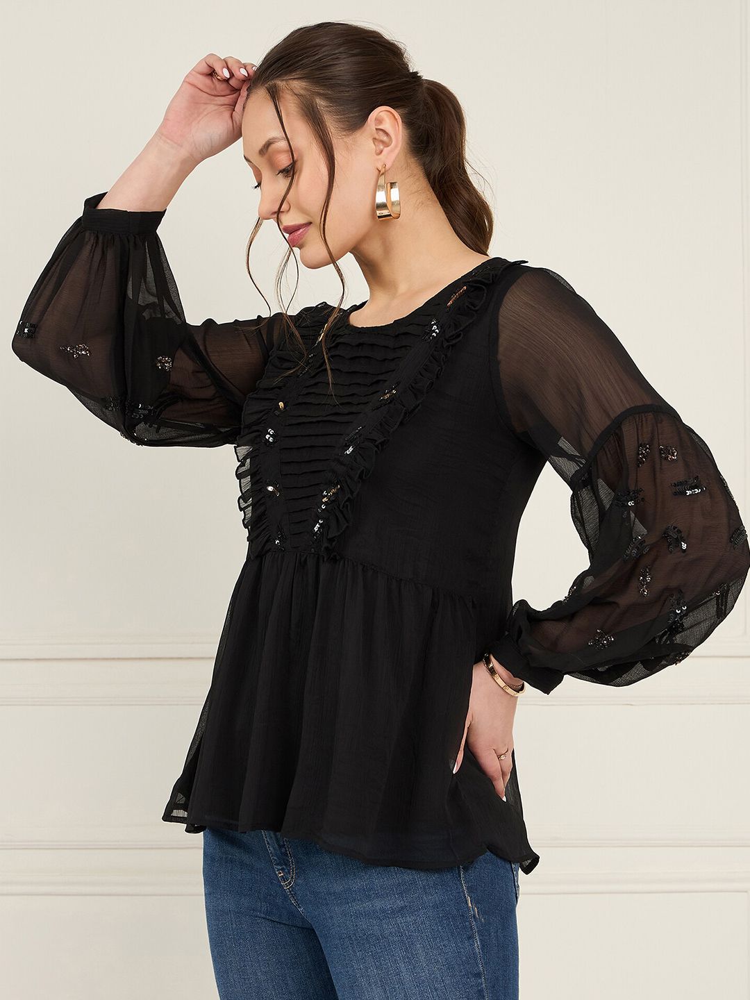Antheaa Sequined Cuffed Sleeves A-Line Top with Pleated Detail