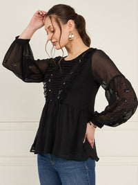 Antheaa Sequined Cuffed Sleeves A-Line Top with Pleated Detail