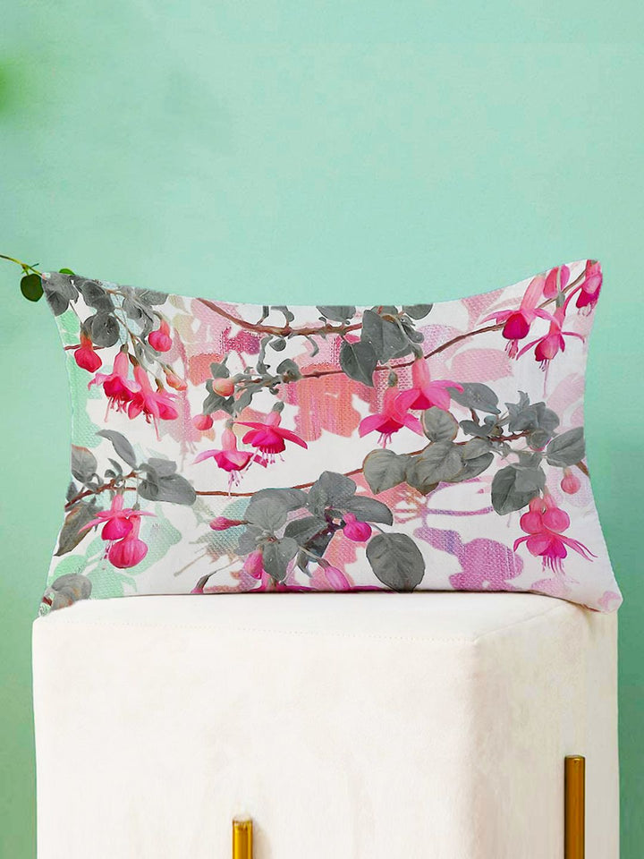 STITCHNEST Green & Pink Set of 2 Floral Rectangle Cushion Covers