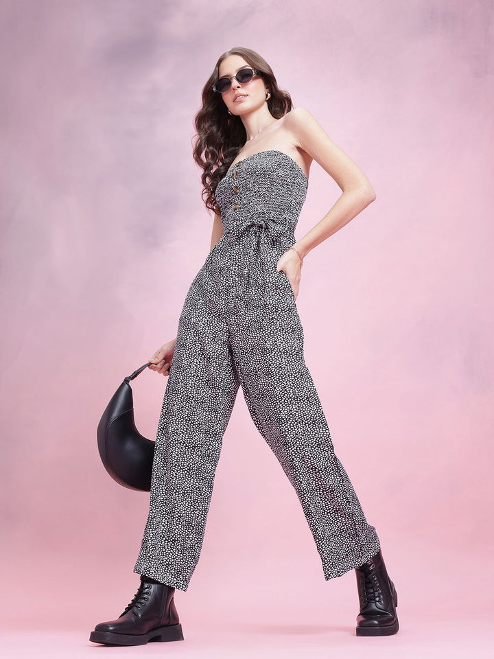 DressBerry Floral Printed Smocked Mock Buttons Strapless Jumpsuit with Belt