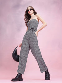 DressBerry Floral Printed Smocked Mock Buttons Strapless Jumpsuit with Belt