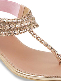 Metro Women Peach-Coloured Embellished Ethnic T-Strap Flats