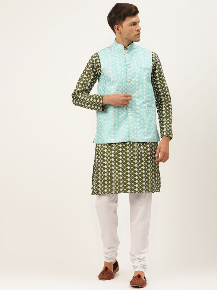 SOJANYA Men Green Ethnic Motifs Embroidered Thread Work Kurta with Churidar