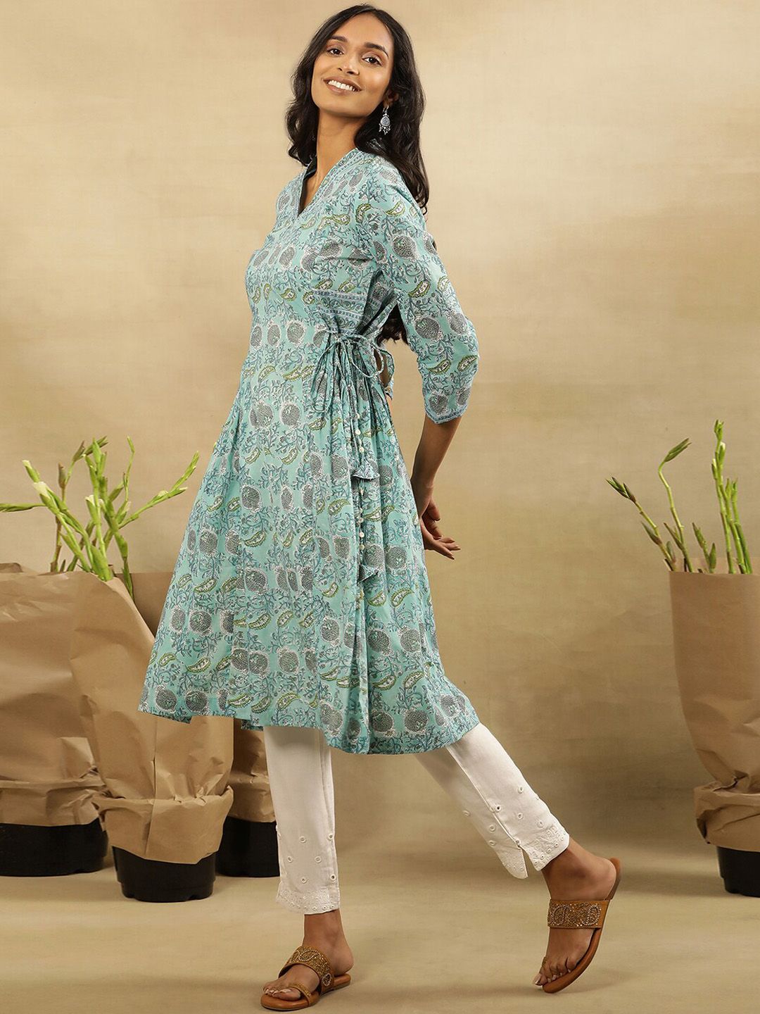 W Women Floral Printed Flared Sleeves Cotton A-Line Kurta