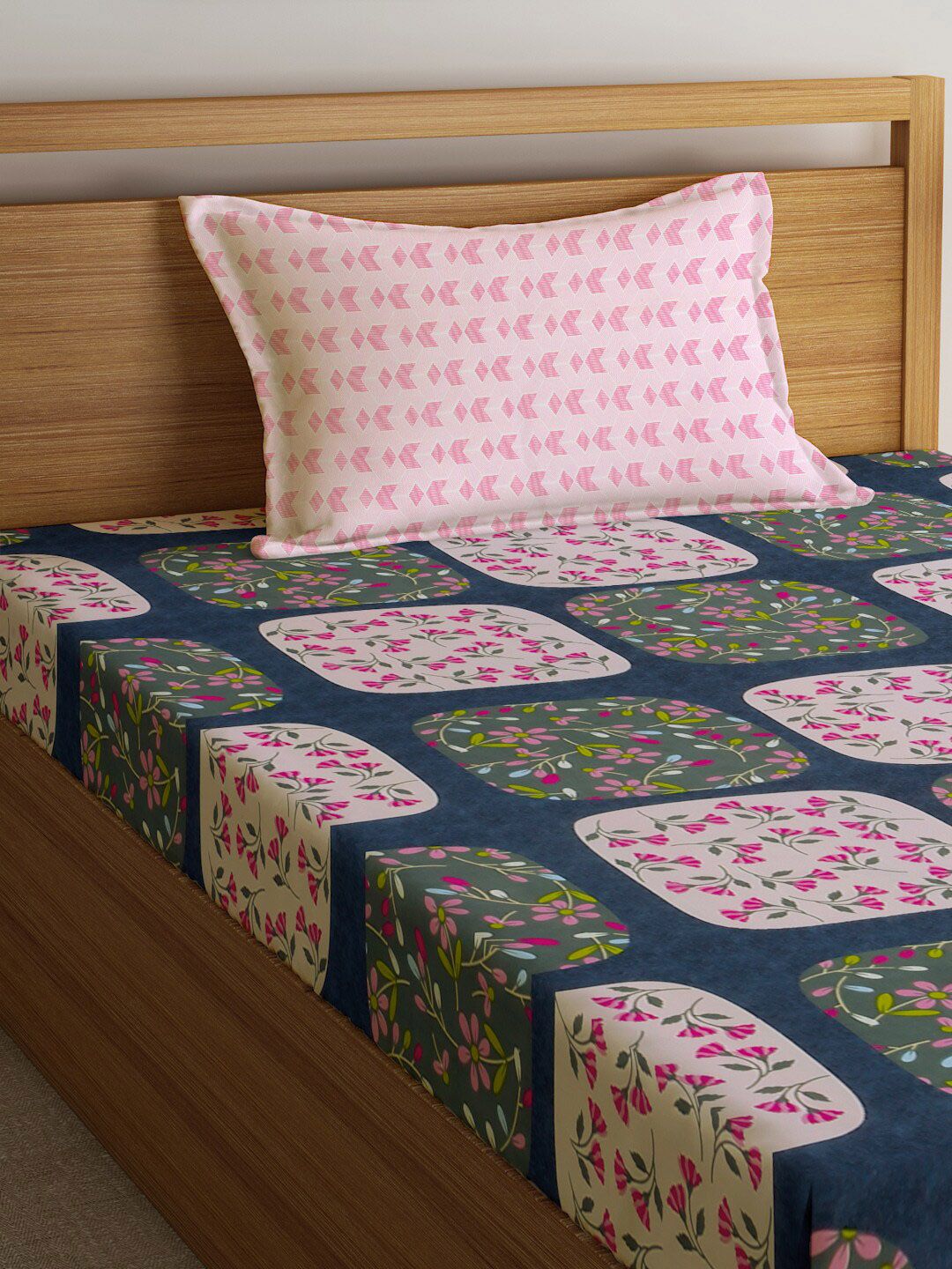 KLOTTHE Blue & Pink Printed 300TC Fitted Single Bedsheet With 1 Pillow Cover