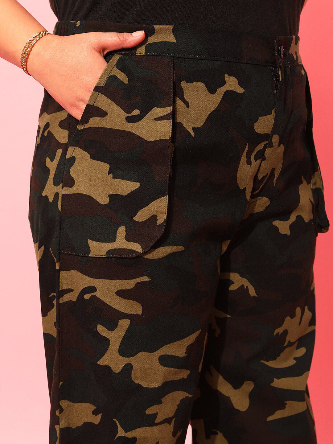 CURVY STREET Women Plus Size Olive Green Printed Relaxed Straight Leg Pure Cotton Trousers