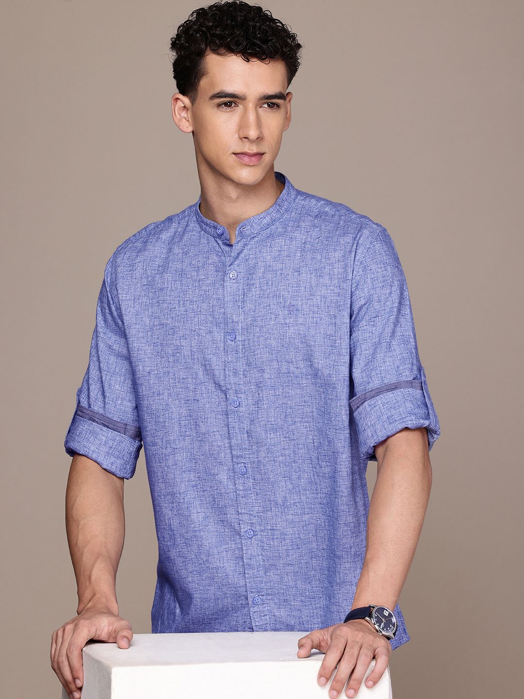 French Connection Slim Fit Band Collar Roll-Up Sleeves Casual Shirt
