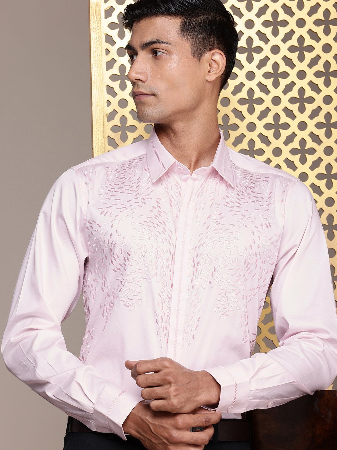 House of Pataudi Self Design Pure Cotton Opaque Party Shirt