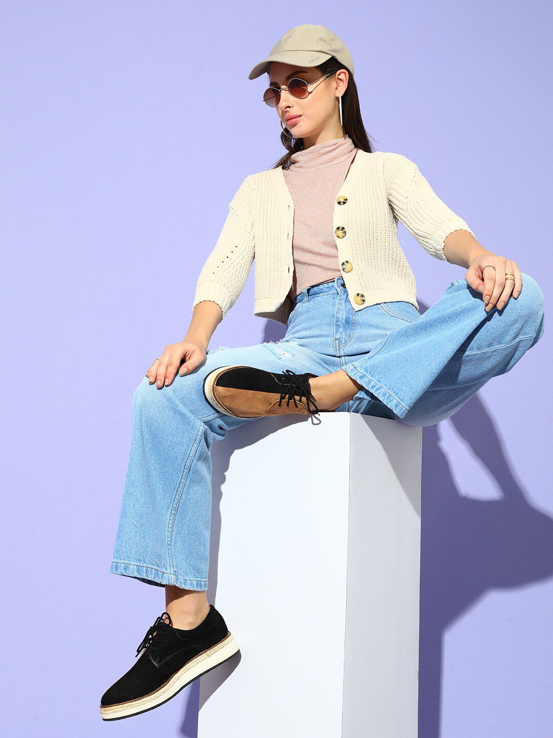 STREET 9 Women Beige Ribbed Crop Cardigan
