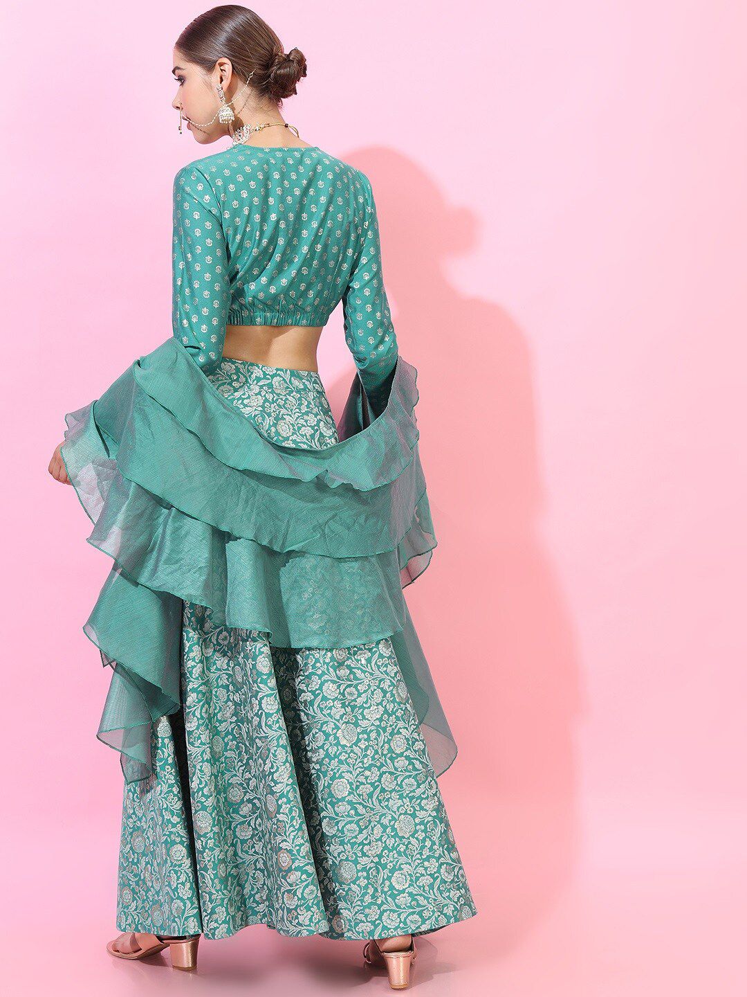 Vishudh Turquoise Blue & Off White  Foil Print Ready to Wear Lehenga & Blouse With Dupatta