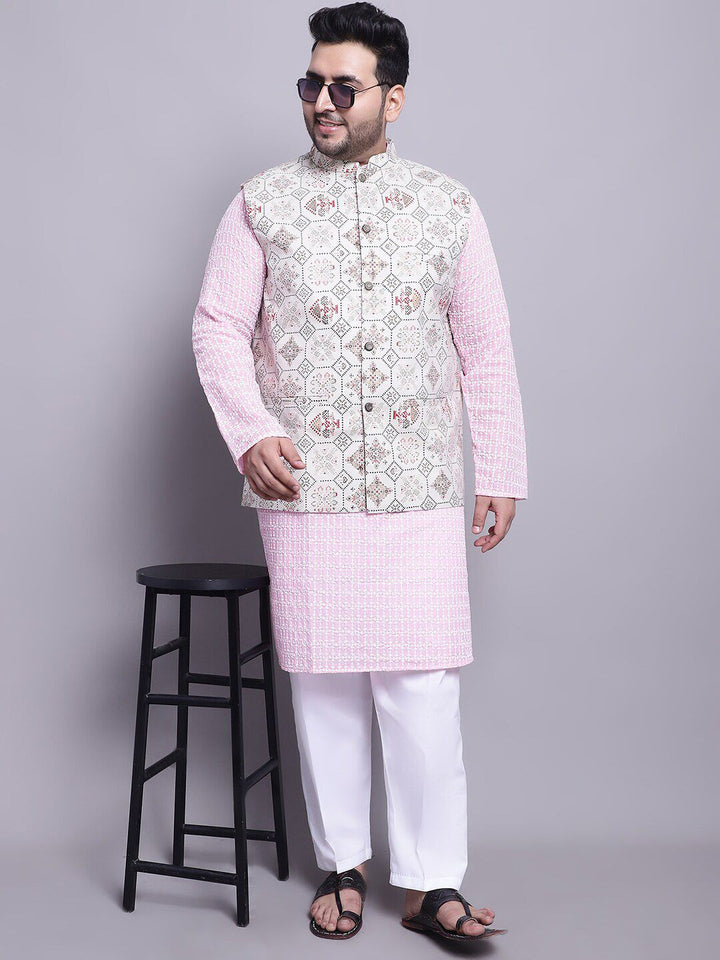 SOJANYA PLUS Etnik Sulam Kurta Kapas Tulen Lurus & Piyama Dengan Jaket Nehru