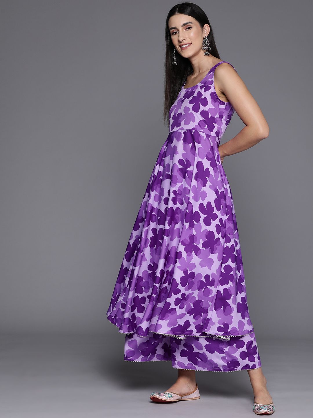 Varanga Women Floral Printed Empire Silk Crepe Kurta with Trousers & Dupatta