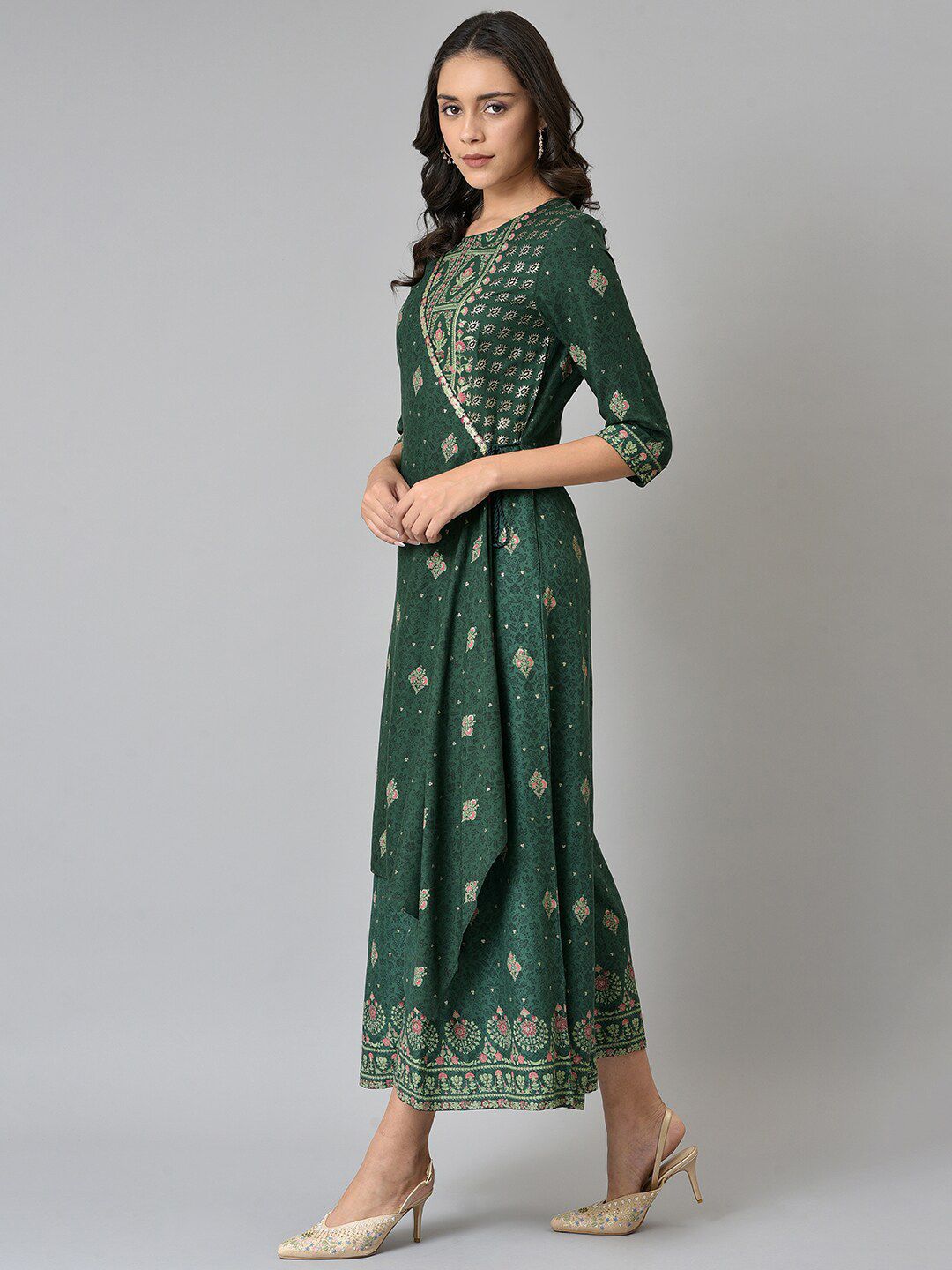 W Women Green Glitter Printed Angrakha Jumpsuit