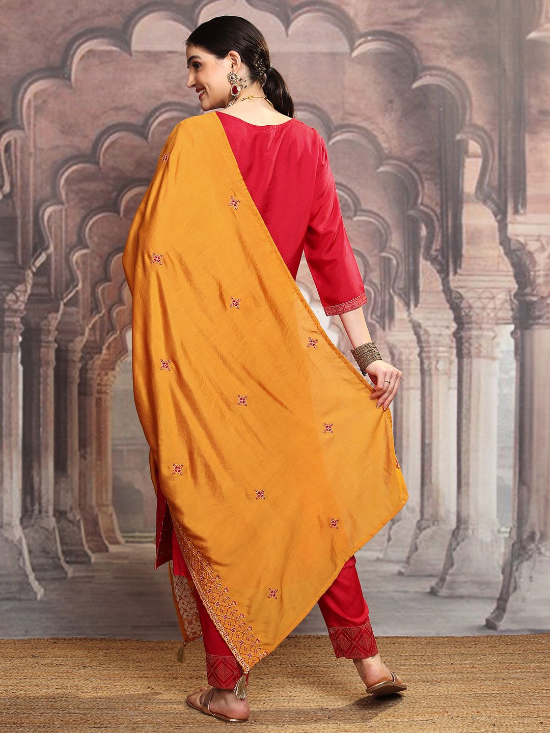 Vishudh Pink Ethnic Motifs Printed Sequinned Straight Kurta With Trousers & Dupatta