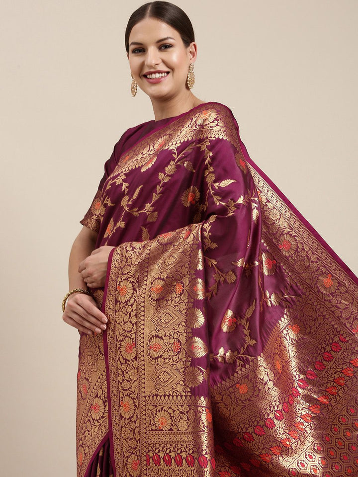 Saree mall Purple & Gold-Toned Floral Silk Blend Sarees