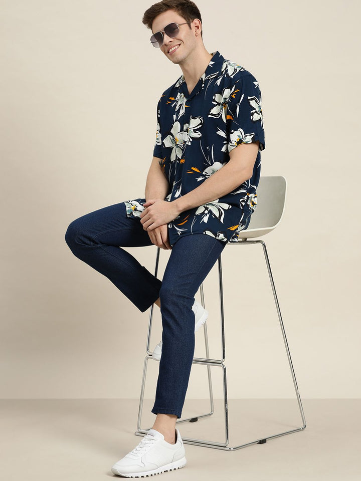 Hancock Men Navy Blue & White Santai Bercetak Baju Kasual