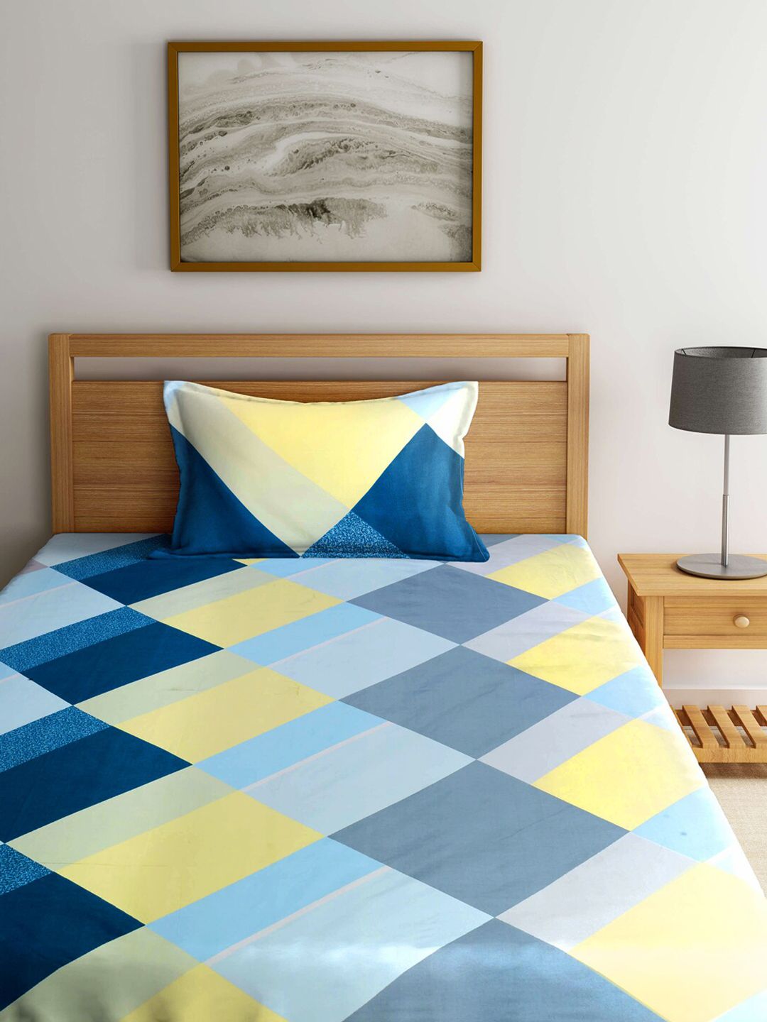 KLOTTHE Blue & Yellow Geometric 300 TC Single Bedsheet with 1 Pillow Covers