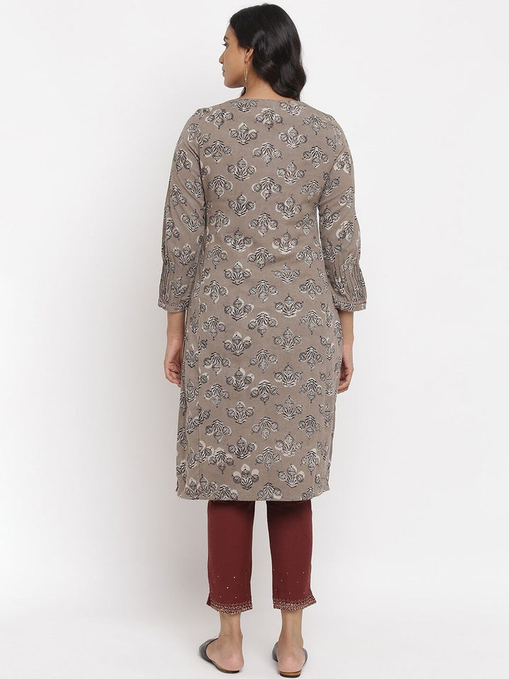 W The Folksong Collection Women Grey Ethnic Motifs Thread Work Kurta