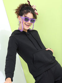 Tokyo Talkies Women Black Hooded Sweatshirt