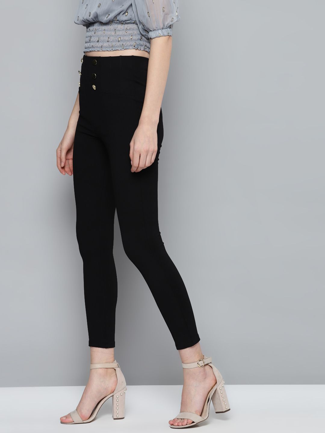 SASSAFRAS Women Black Solid High-Waist Treggings