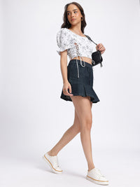 DressBerry Monochrome Florals Lace Up Detail Crop Top