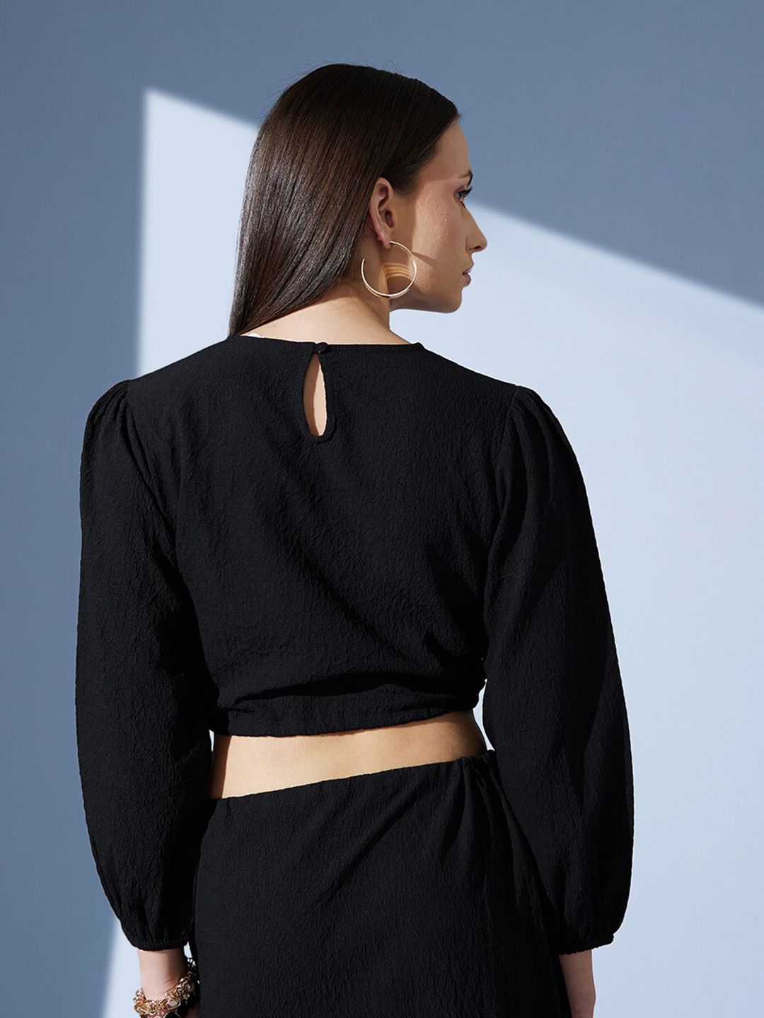 STREET 9 Black Puffed Sleeves Tie-Ups Jacquard Blouson Crop Top