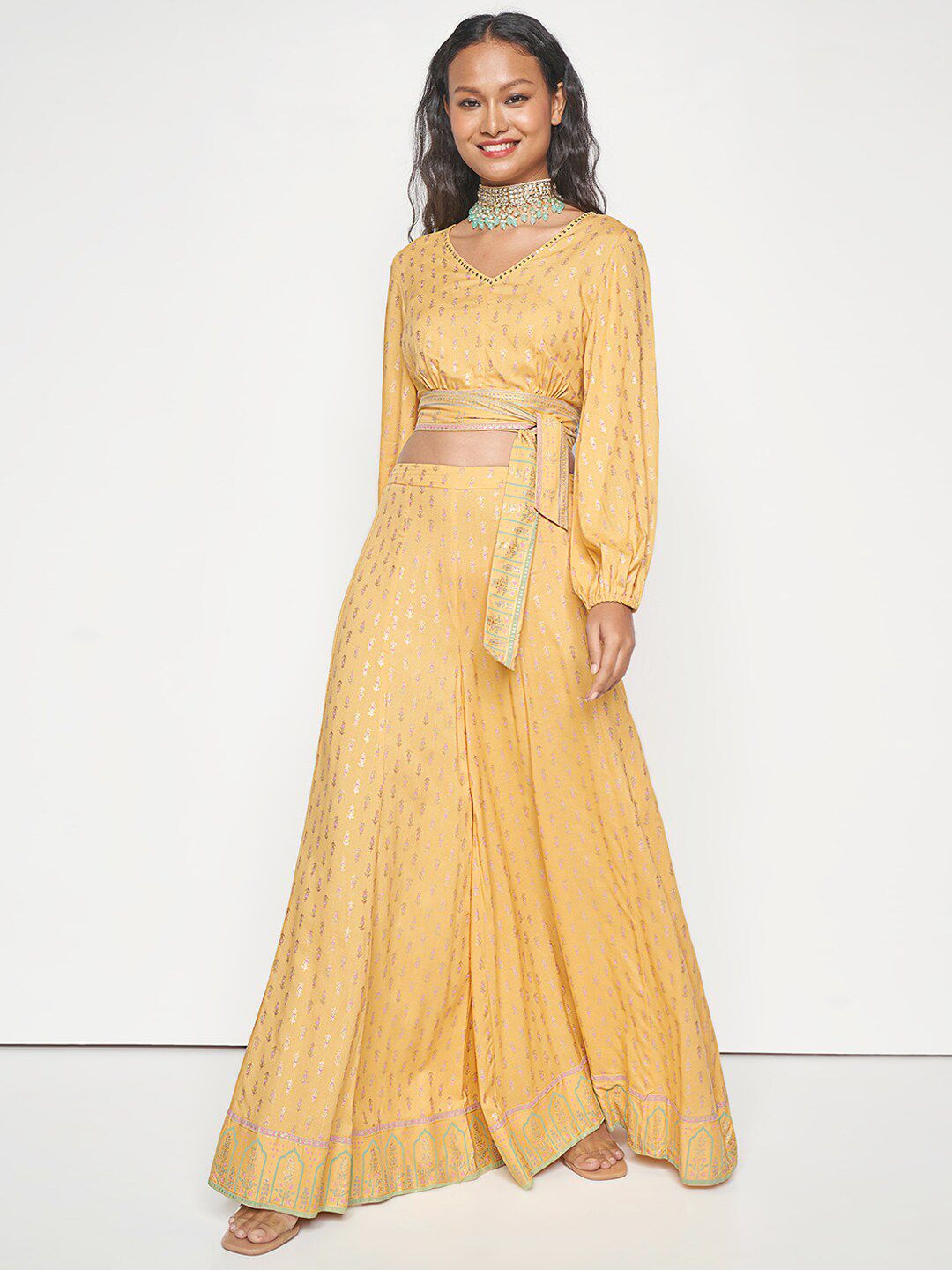 Global Desi V-Neck Top & Mid -Rise Palazzo Co-Ords