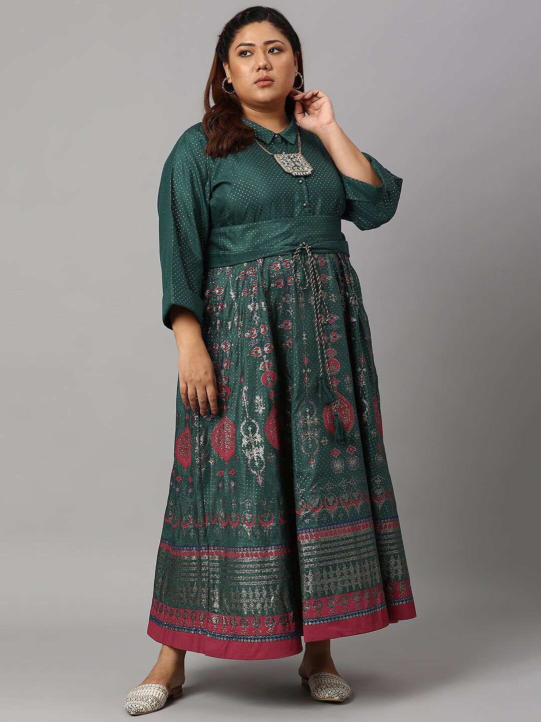 W Women Green Plus Size Ethnic Motifs Ethnic Maxi Dress