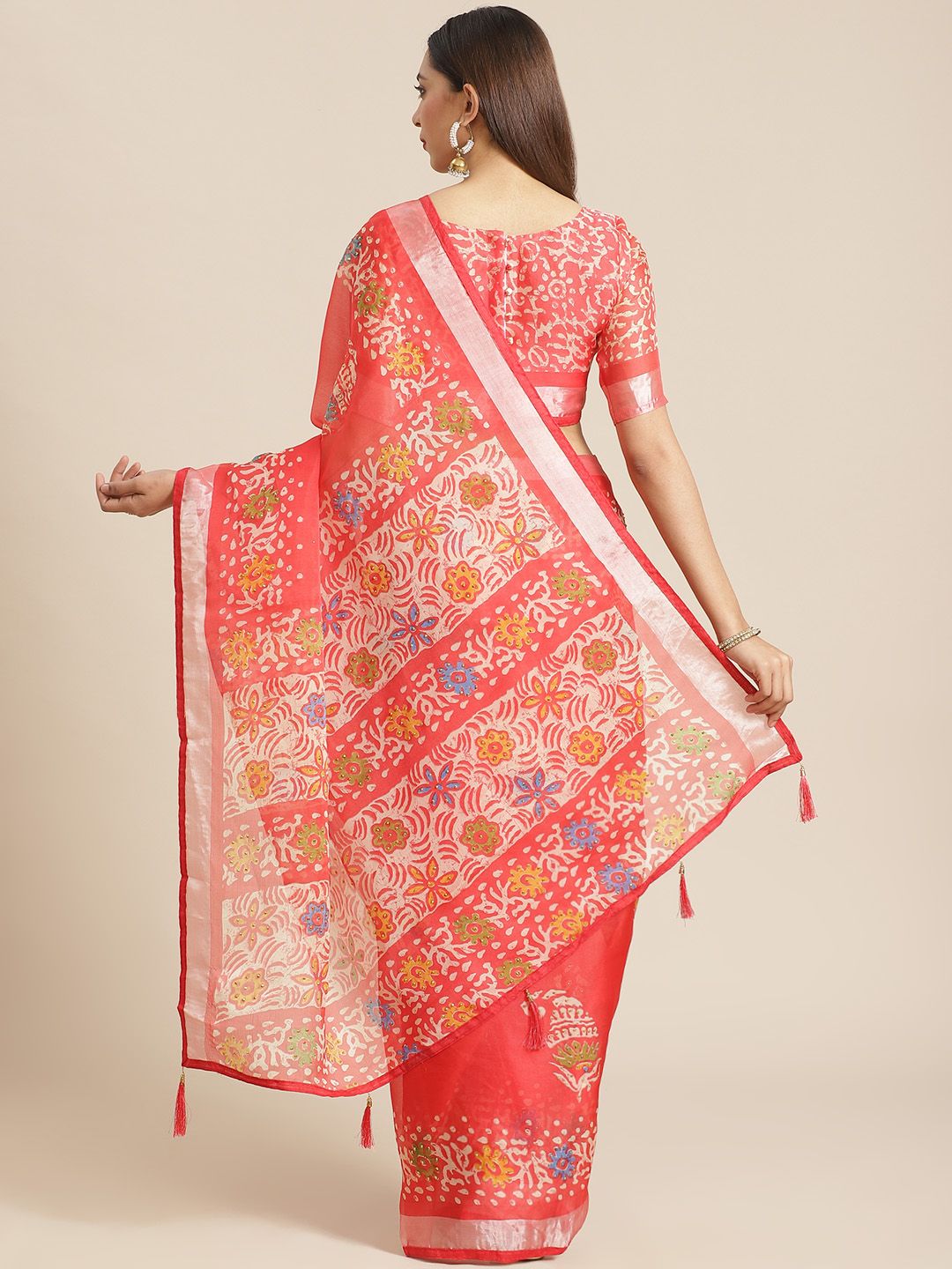 Saree mall Coral Red & Off-White Block Print Saree