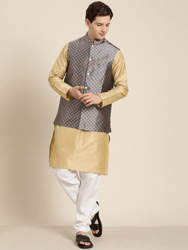 SOJANYA Men Beige Striped Kurta with Pyjamas  & Nehru Jacket