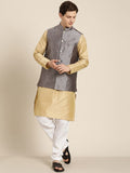 SOJANYA Men Beige Striped Kurta with Pyjamas  & Nehru Jacket