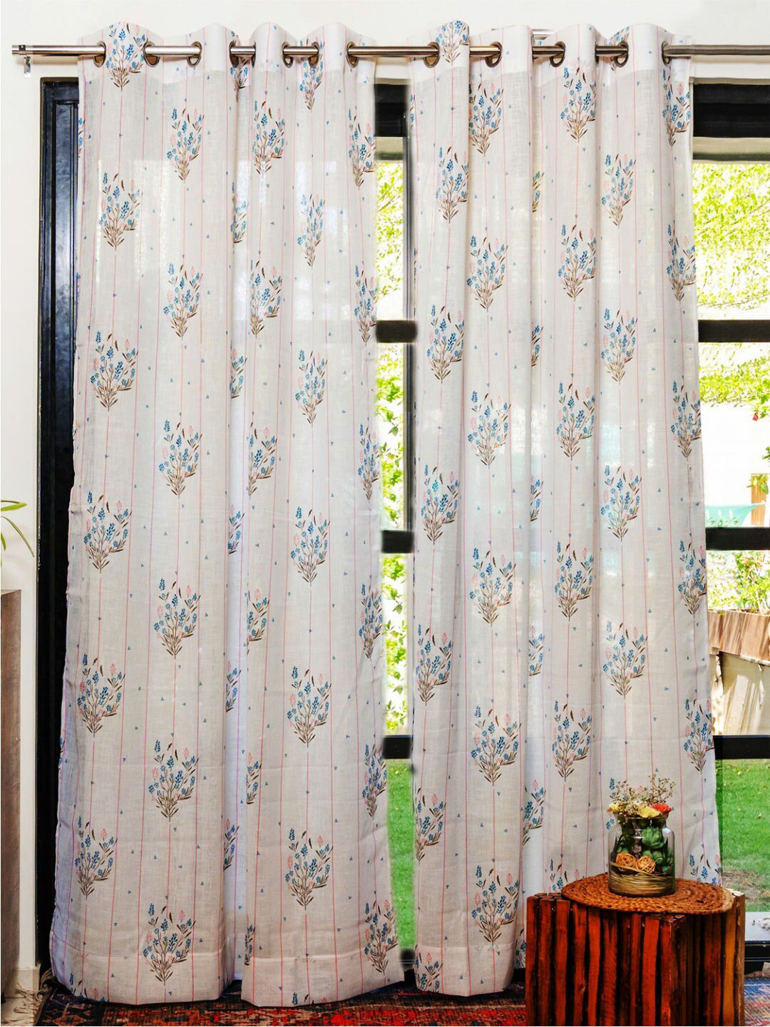 URBAN SPACE White & Blue 2 Pieces Floral Sheer Window Curtains