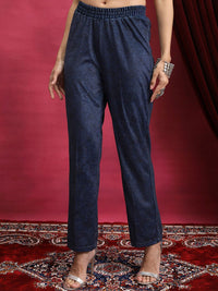 Vishudh Navy Blue Floral Printed Mandarin Collar Straight Kurta & Palazzos With Dupatta