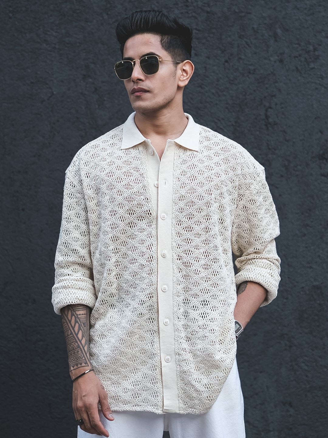 Powerlook White India Slim Oversized Geometric Self Design Crochet Semi Sheer Shirt