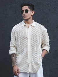 Powerlook White India Slim Oversized Geometric Self Design Crochet Semi Sheer Shirt