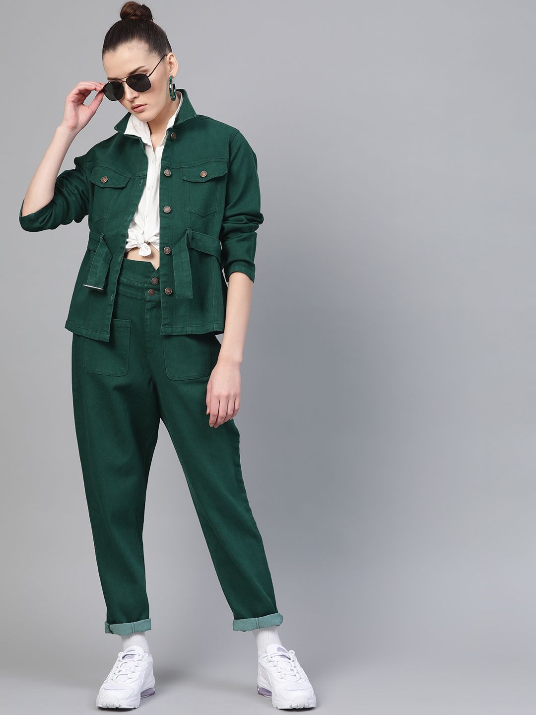SASSAFRAS Women Green Solid Denim Jacket with Belt