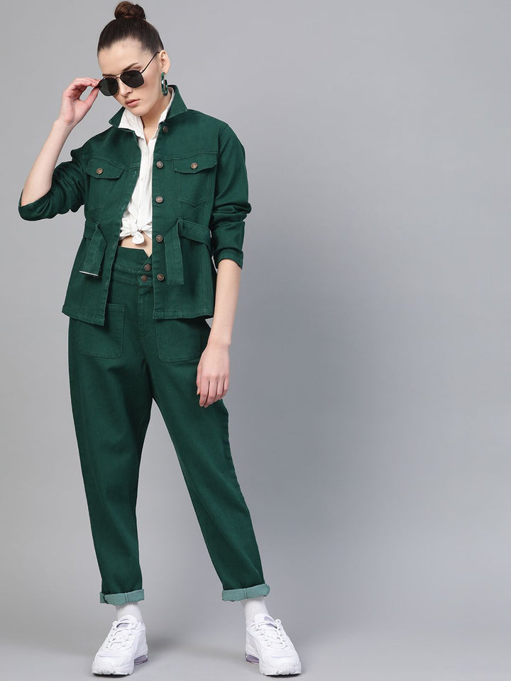 SASSAFRAS Women Green Solid Denim Jacket with Belt