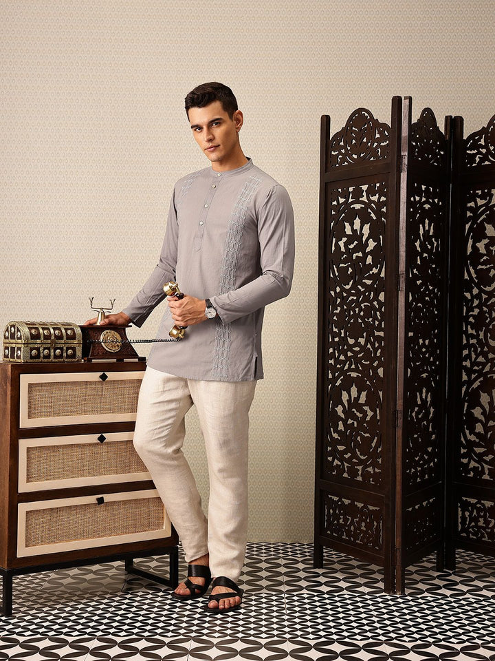 House of Pataudi Floral Embroidered Band Collar Thread Work Pure Cotton Jashn Kurta