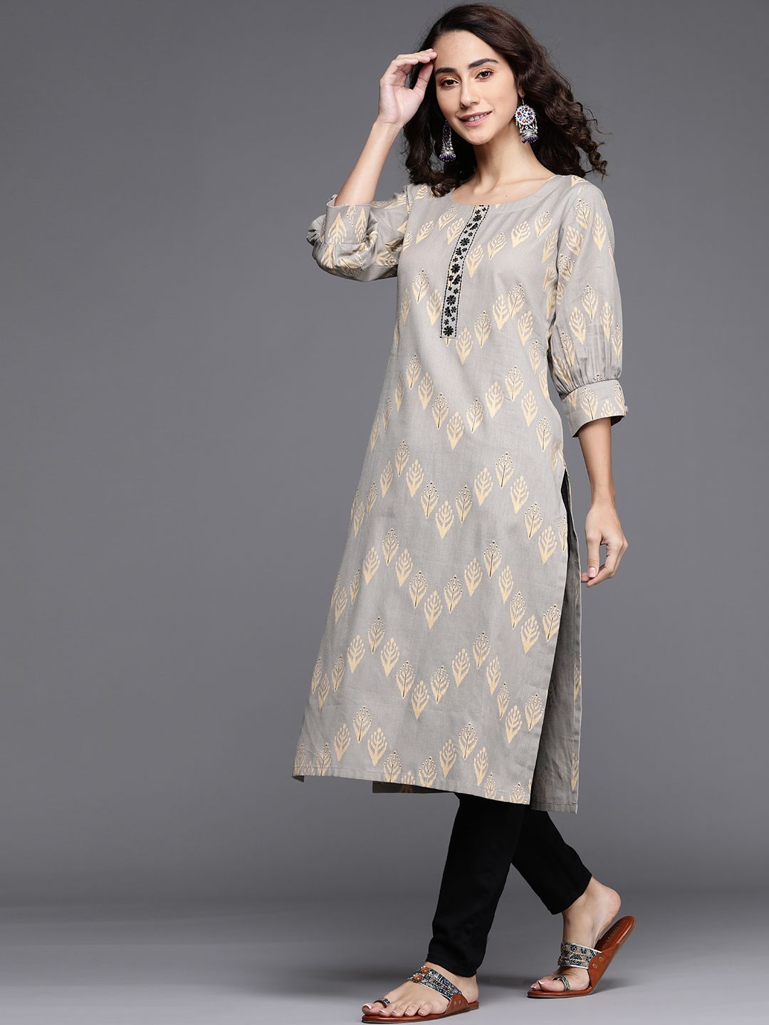 Libas Women Grey Floral Printed Kurta