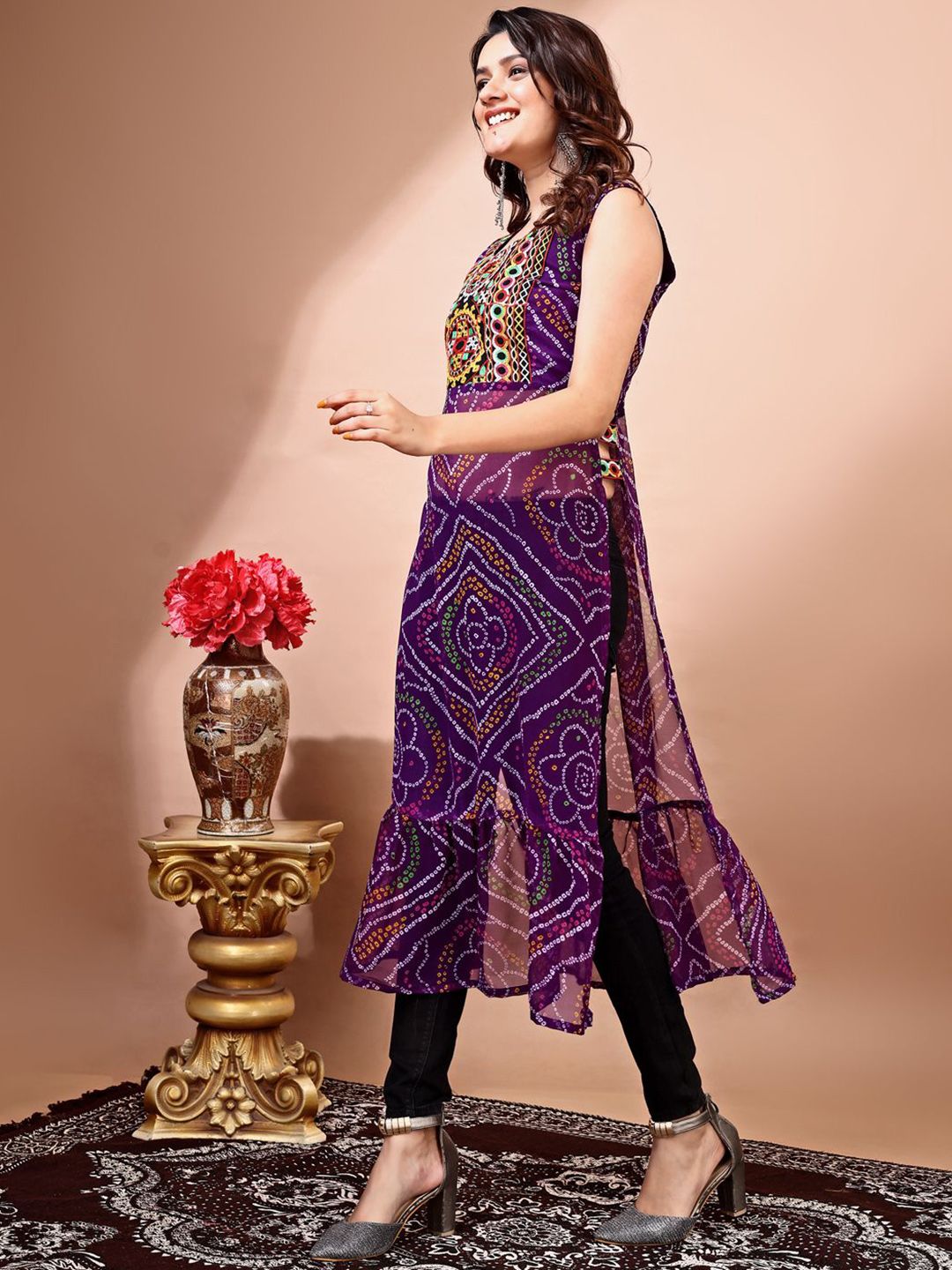 KALINI Bandhani Printed Round Neck Thread Work Georgette Straight Kurta