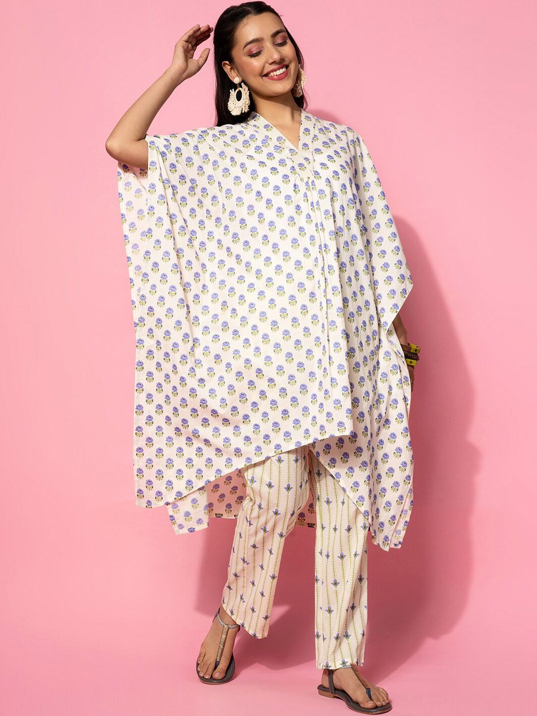 Libas Floral Printed V Neck Pure Cotton Kaftan Co-Ords