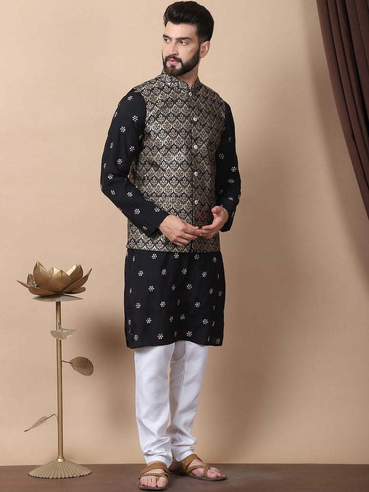 Anouk Black Floral Embroidered Sequinned Cotton Silk Kurta with Churidar & Nehru Jacket