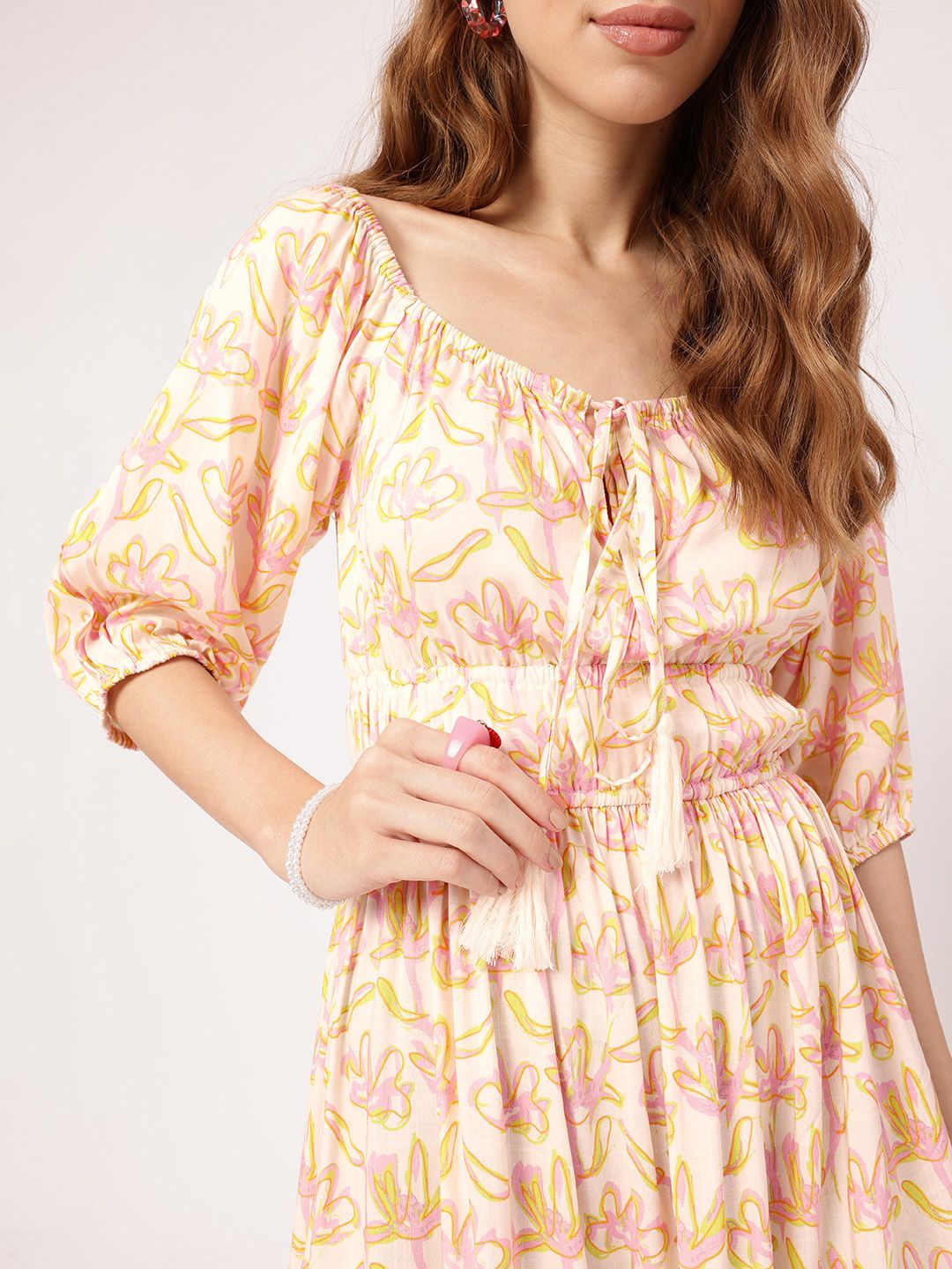 DressBerry Dreamy Holiday Floral Printed Cinched Waist Off-Shoulder A-Line Mini Dress