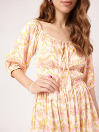DressBerry Dreamy Holiday Floral Printed Cinched Waist Off-Shoulder A-Line Mini Dress