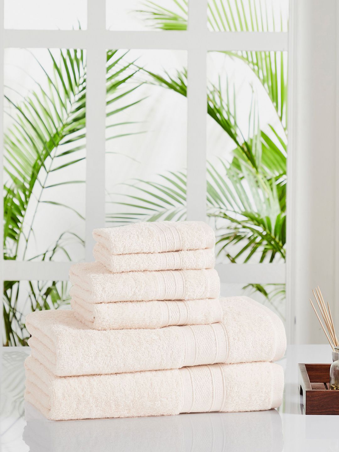 MYTRIDENT Set Of 6 Cream-Coloured Solid 500 GSM Pure Cotton Towels